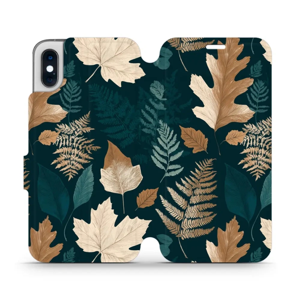 Etui z klapką do iPhone X, Mobiwear Book, zielnik z liści i paproci