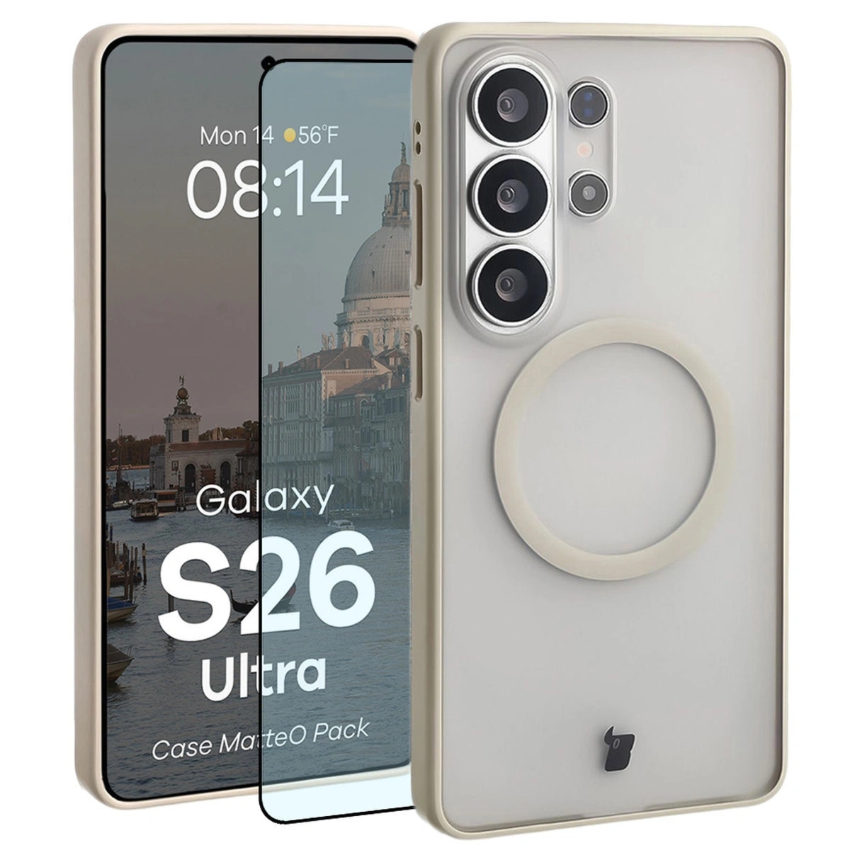 Etui z pierścieniem magnetycznym + szkło hartowane Bizon MatteO Pack do Galaxy S26 Ultra, przydymione-beżowe
