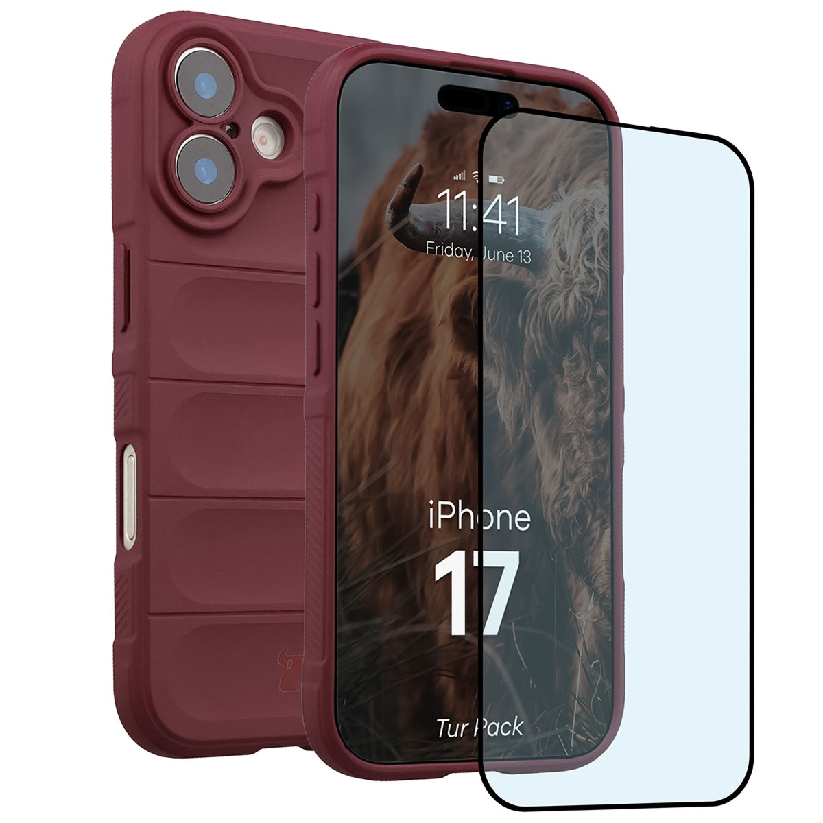 Pancerne etui + szkło hartowane Bizon Tur Pack do iPhone 17, burgundowe