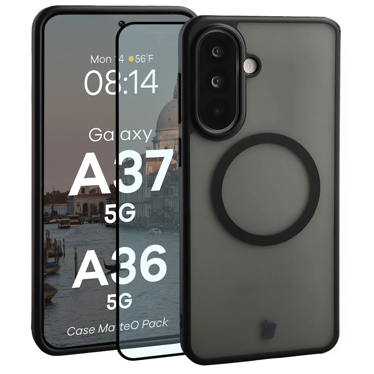 Etui z pierścieniem magnetycznym + szkło hartowane Bizon MatteO Pack do Galaxy A37 5G / A36 5G, przydymione-czarne
