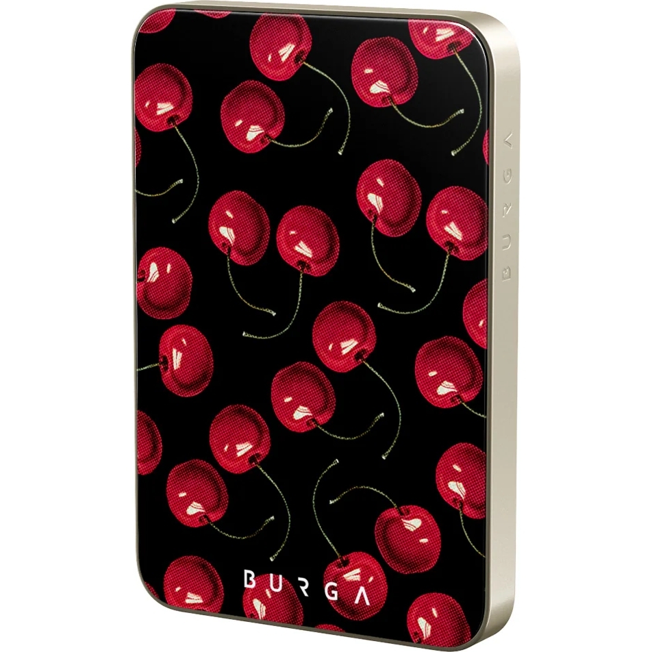 Powerbank indukcyjny Burga Magnetic Gunmetal Cherrybomb, magnetyczny do MagSafe, Qi, USB-C, PD, 20W, 5000mAh + kabel USB-C, złoty z wzorem wiśni