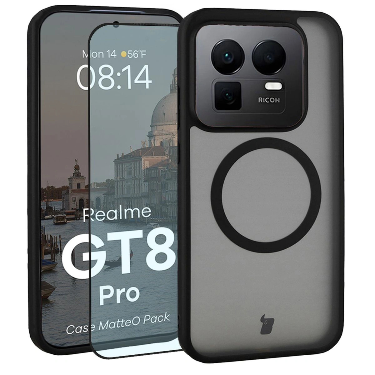 Etui z pierścieniem magnetycznym + szkło hartowane Bizon MatteO Pack do Realme GT 8 Pro, przydymione-czarne