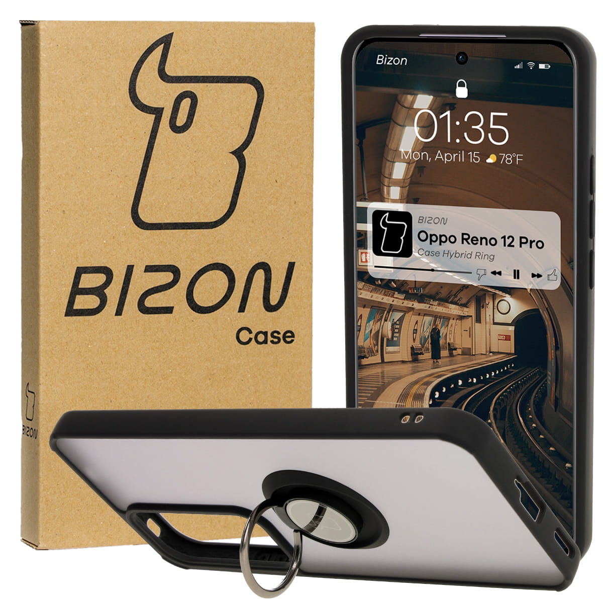 Image of Etui z uchwytem na palec Bizon Case Hybrid Ring do Oppo Reno 12 Pro, przydymione z czarną ramką