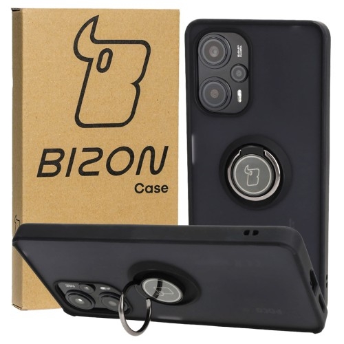 Image of Etui z uchwytem na palec Bizon Case Hybrid Ring do Xiaomi Poco F5, przydymione z czarną ramką