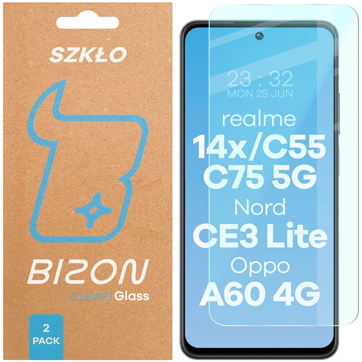 Szkło hartowane Bizon Glass Clear Duo do Realme 14x 5G / C55 / C75 / OnePlus Nord CE 3 Lite / Oppo A60 4G, 2 sztuki