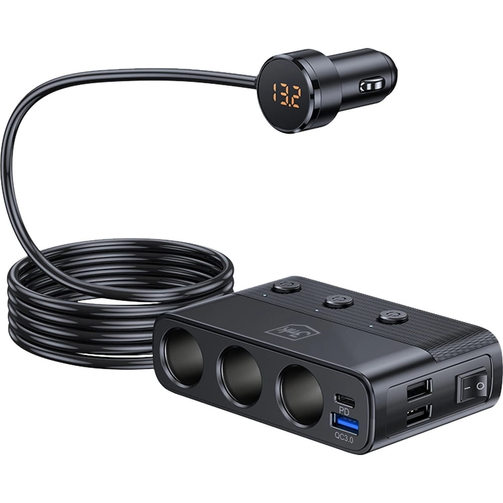 Image of Ładowarka samochodowa z rozgałęźnikiem 3mk Car Power Splitter 120W, 1x USB-C PD / 3x USB-A / 3x gniazdo 12-24V, czarna