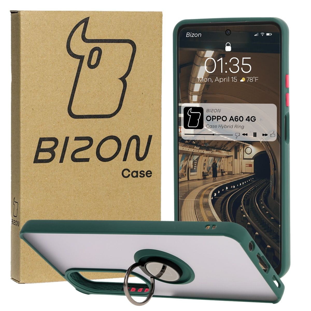 Image of Etui z uchwytem na palec Bizon Case Hybrid Ring do Oppo A60 4G, przydymione z ciemnozieloną ramką