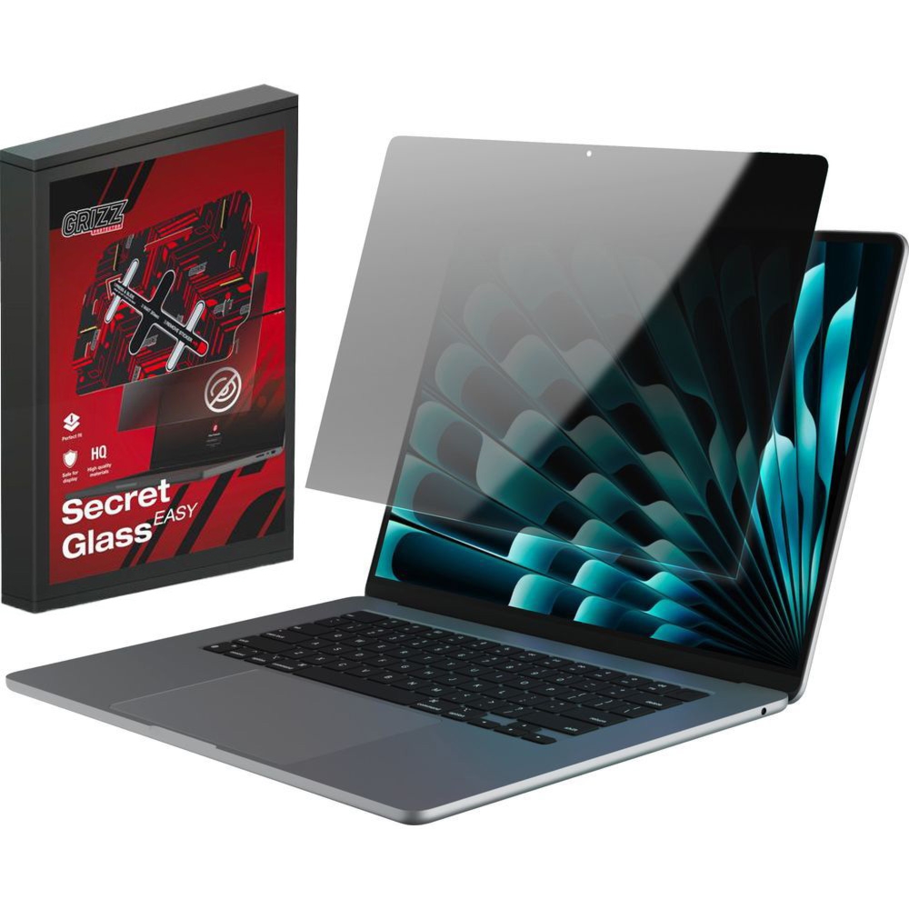 Szkło hybrydowe, prywatyzujące na ekran Grizz SecretGlass Easy do MacBook Air 15″ M5 2026 z aplikatorem, matowe
