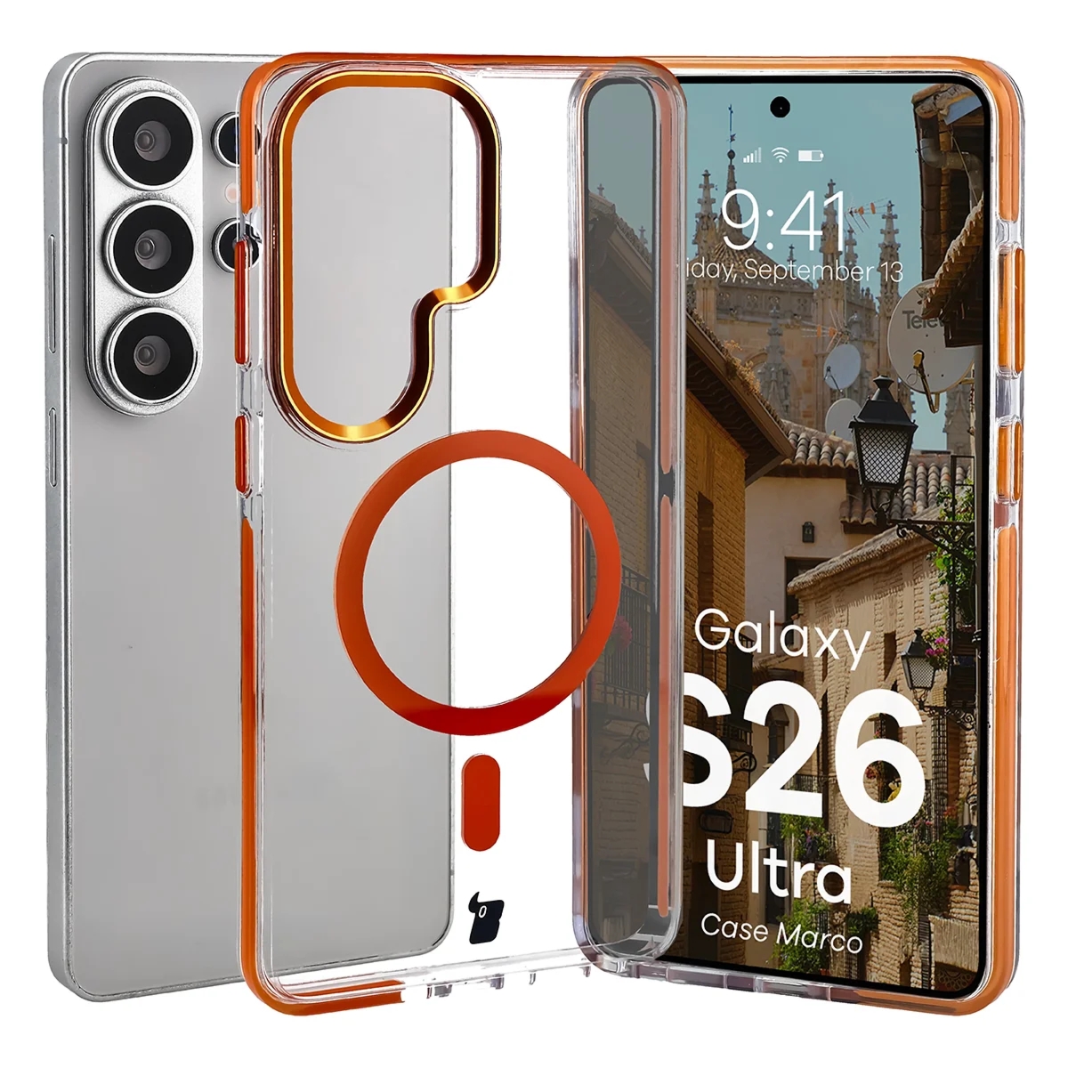Etui z pierścieniem magnetycznym Bizon Case Marco do Galaxy S26 Ultra, przezroczyste z pomarańczową ramką