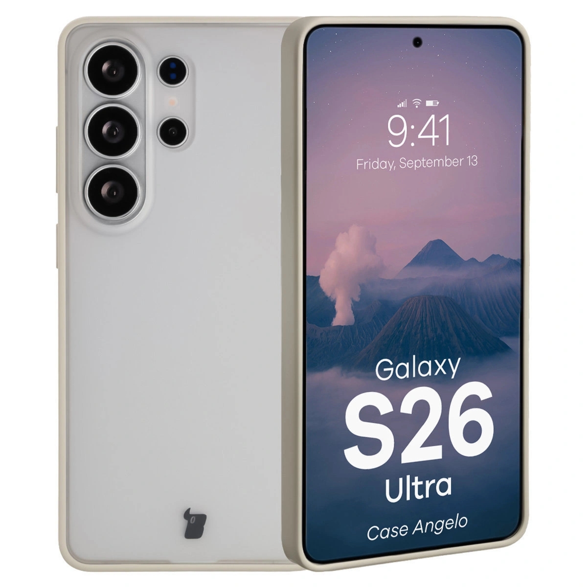 Etui Bizon Case Angelo do Galaxy S26 Ultra, półprzezroczyste z beżową ramką