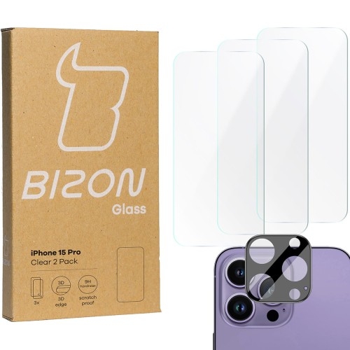 Image of 3x Szkło + szybka na aparat BIZON Clear 2 Pack do iPhone 15 Pro