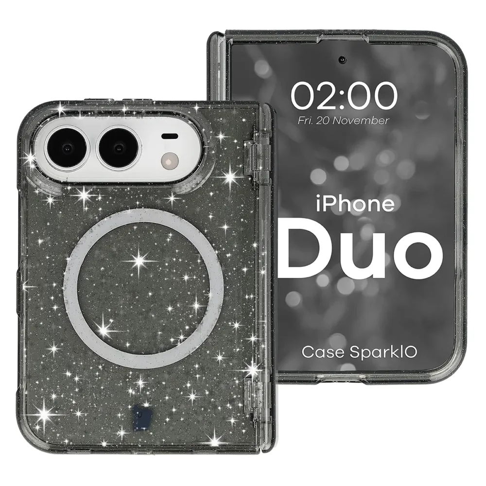 Etui brokatowe z pierścieniem magnetycznym Bizon Case SparklO do iPhone Duo, przezroczysto-czarne z brokatem