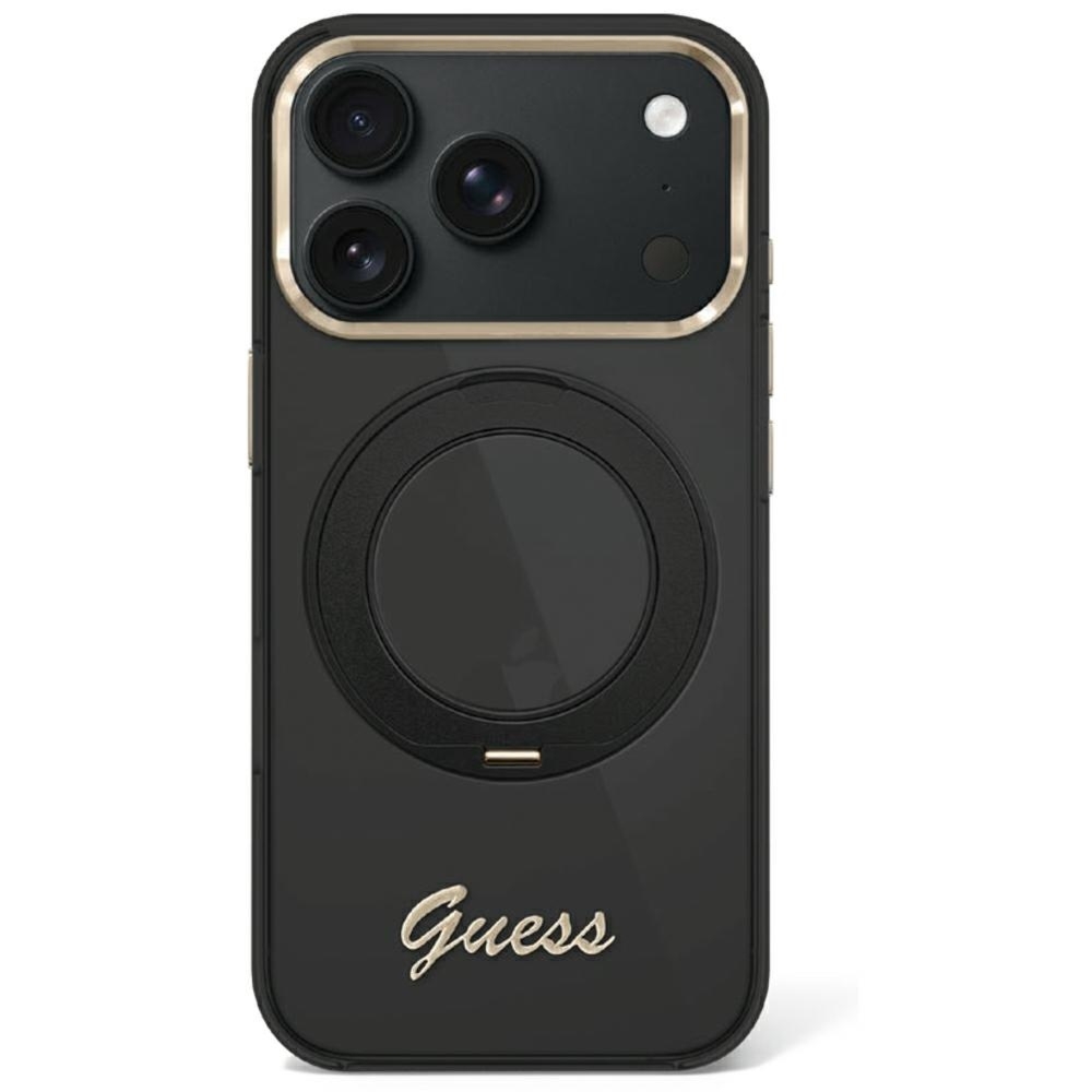 OUTLET: Etui Guess IML Ring Stand 360 Script Metal Logo do iPhone 18 Pro Max / 17 Pro Max do MagSafe, czarne