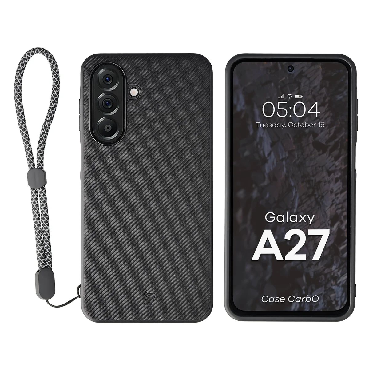 Etui ze smyczką na nadgarstek i pierścieniem magnetycznym Bizon Case CarbO do Galaxy A27 5G, czarne