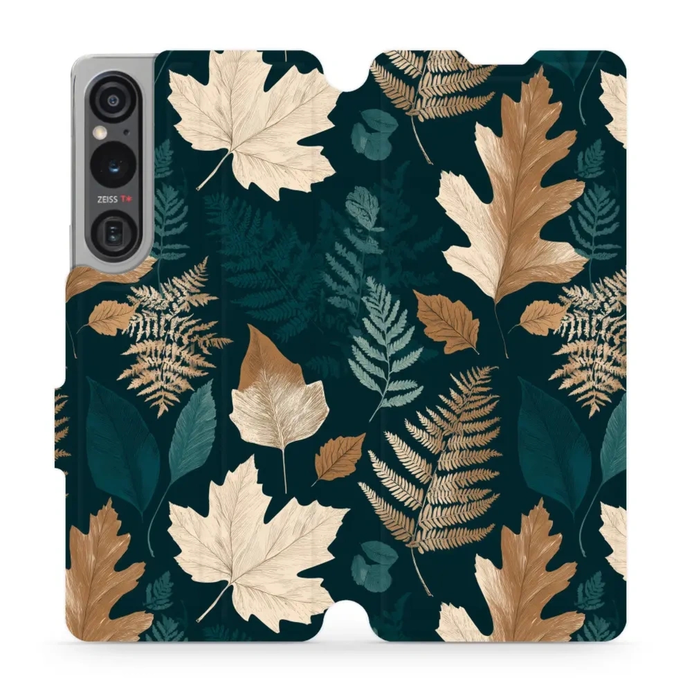 Etui z klapką do Sony Xperia 1 V, Mobiwear Book, zielnik z liści i paproci