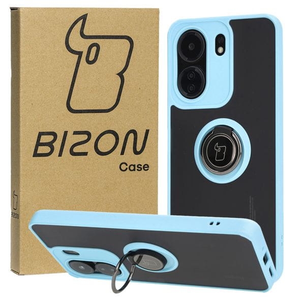 Image of Etui z uchwytem na palec Bizon Case Hybrid Ring do Xiaomi Redmi 13C / Xiaomi Poco C65, przydymione z jasnoniebieską ramką
