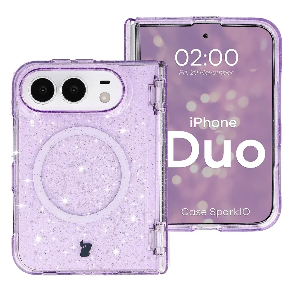 Etui brokatowe z pierścieniem magnetycznym Bizon Case SparklO do iPhone Duo, przezroczysto-fioletowe z brokatem