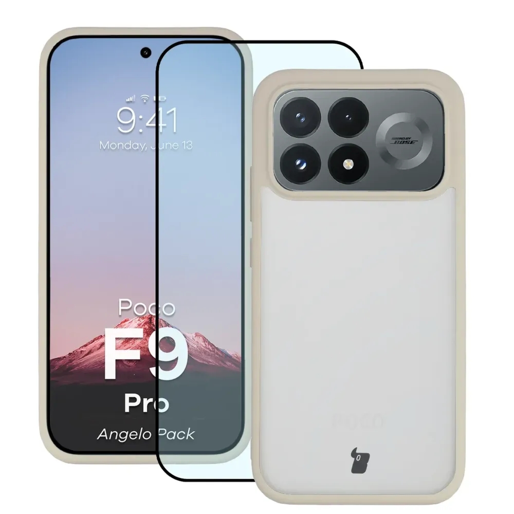 Etui + szkło hartowane Bizon Angelo Pack do Xiaomi POCO F9 Pro, półprzezroczyste z beżową ramką
