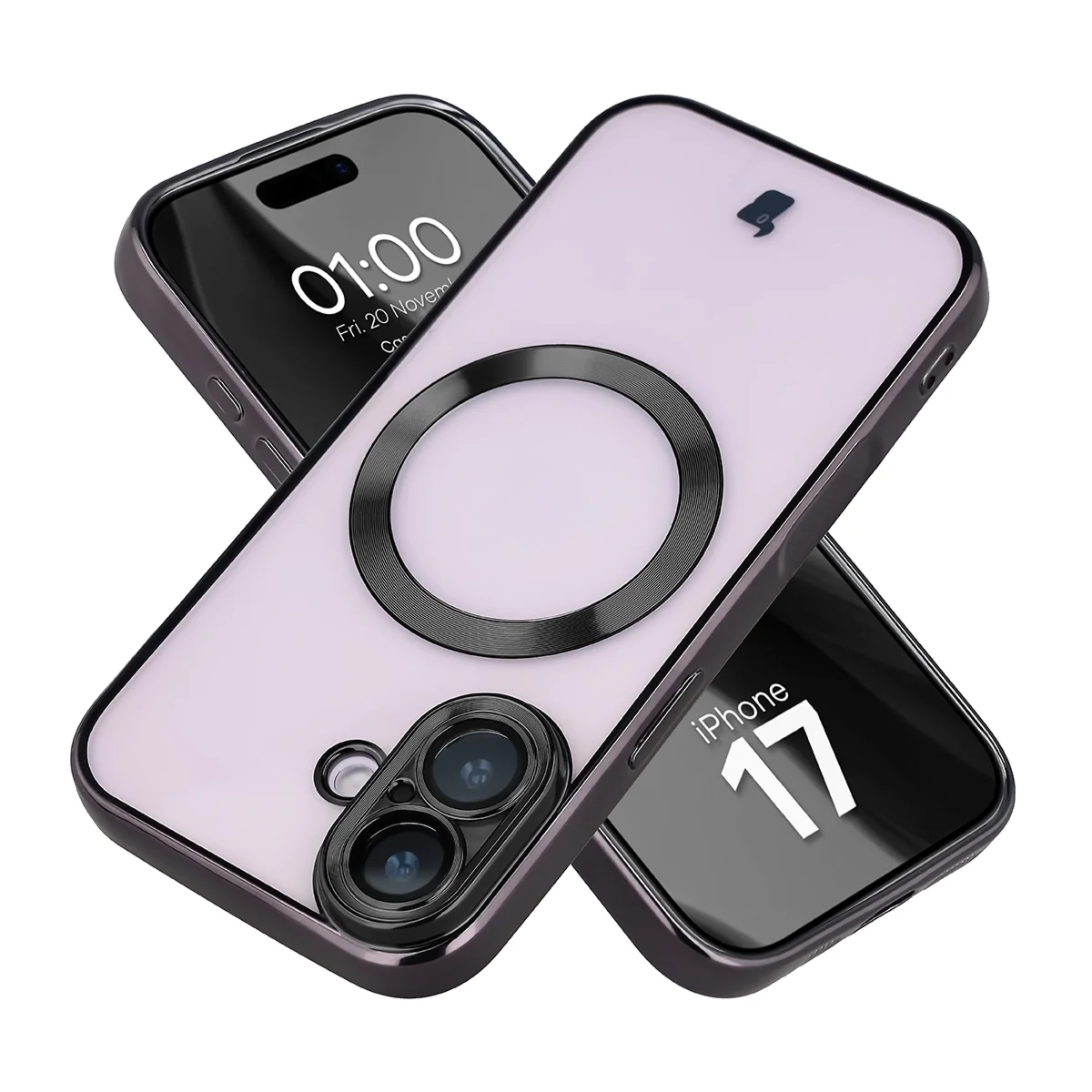 Etui z ochroną aparatu i pierścieniem magnetycznym Bizon Case GuardO do iPhone 17, przezroczysto-czarne