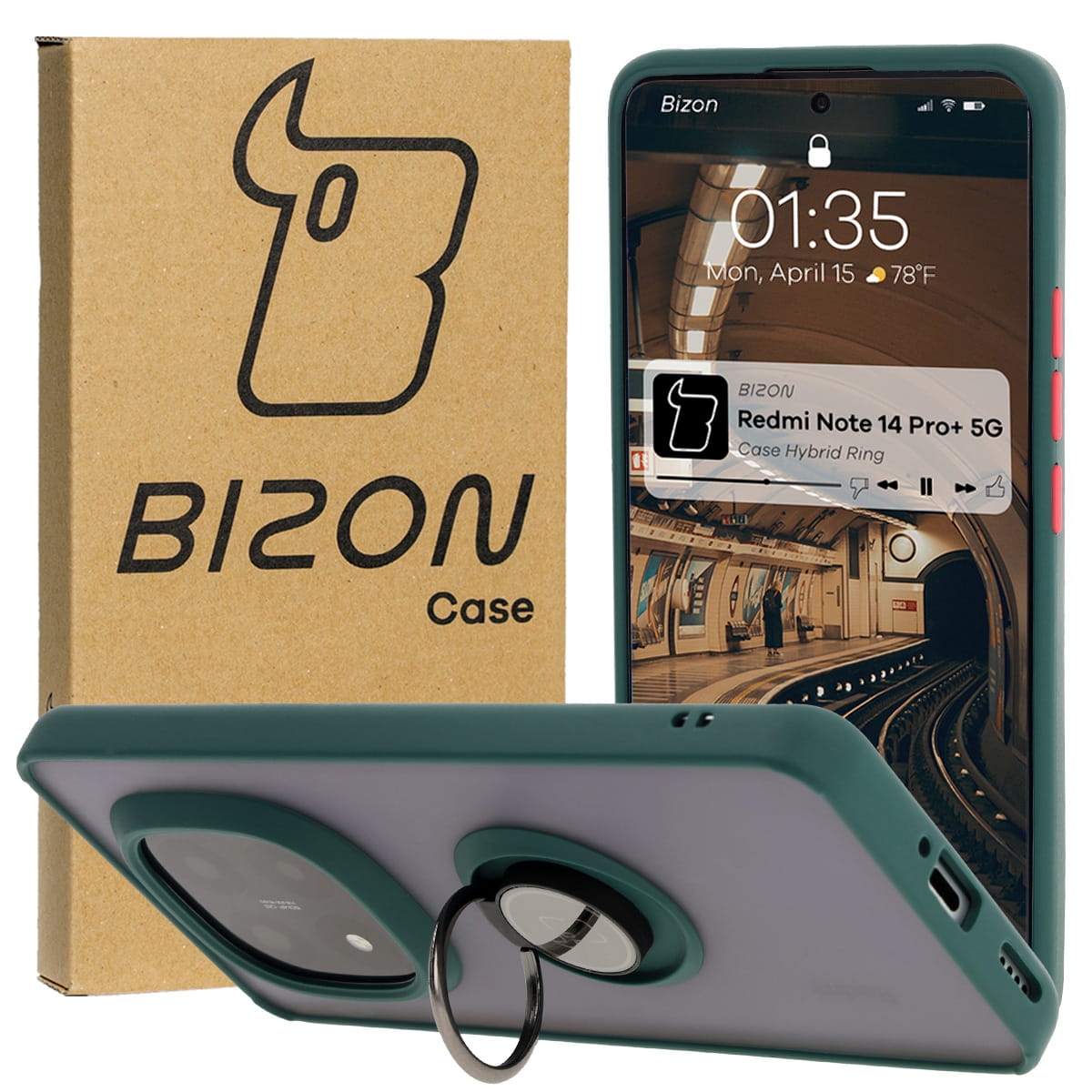Image of Etui z uchwytem na palec Bizon Case Hybrid Ring do Xiaomi Redmi Note 14 Pro Plus 5G, przydymione z ciemnozieloną ramką