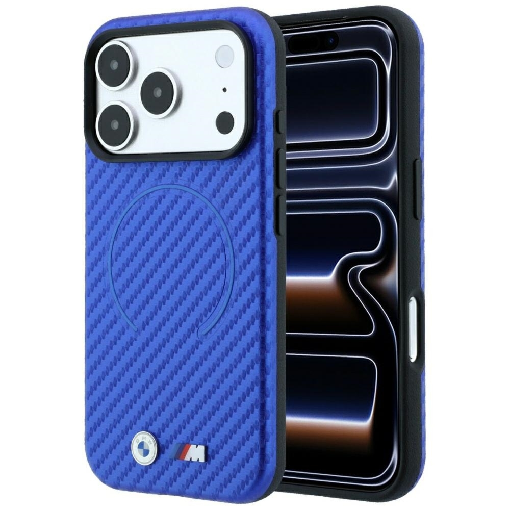 Etui BMW M Carbon Printed Ring MagSafe do iPhone 18 Pro / 17 Pro, niebieskie