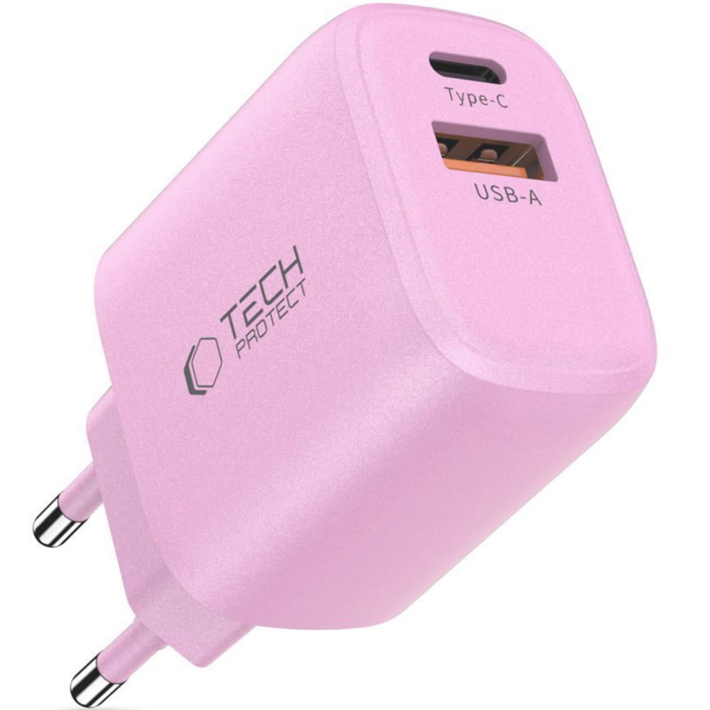 Ładowarka sieciowa USB-C PD, USB-A QC 3.0, 30W, Tech-Protect NCA30, różowa