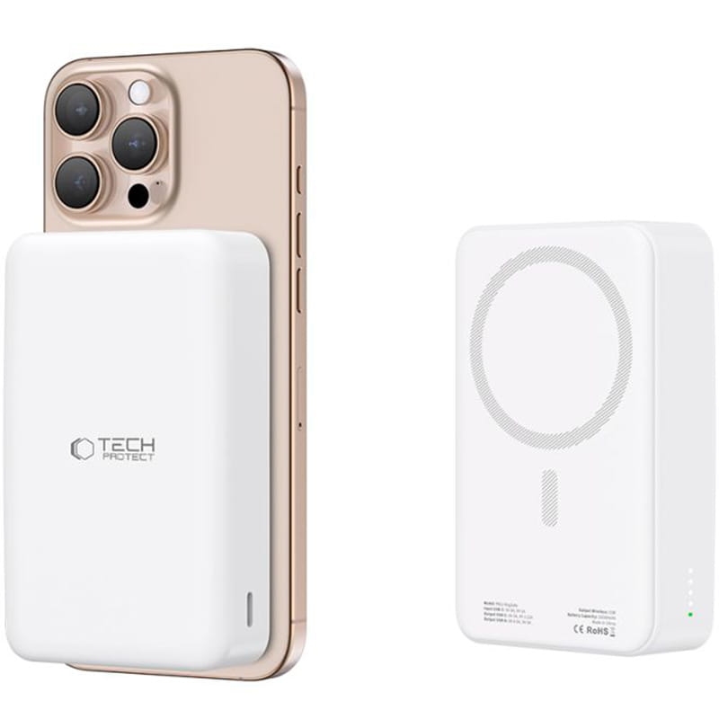 Image of Powerbank indukcyjny Tech-Protect LifeMag PB12 do MagSafe, 1x USB-A/USB-C, 15W, 20000mAh + kabel USB-C, biały