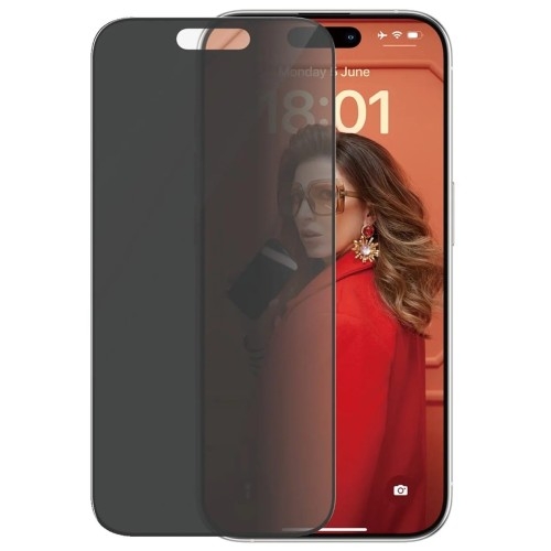 Image of Szkło hartowane na cały ekran PanzerGlass Ultra-Wide Fit Privacy + EasyAligner do iPhone 15 Pro, przyciemniane z czarną ramką