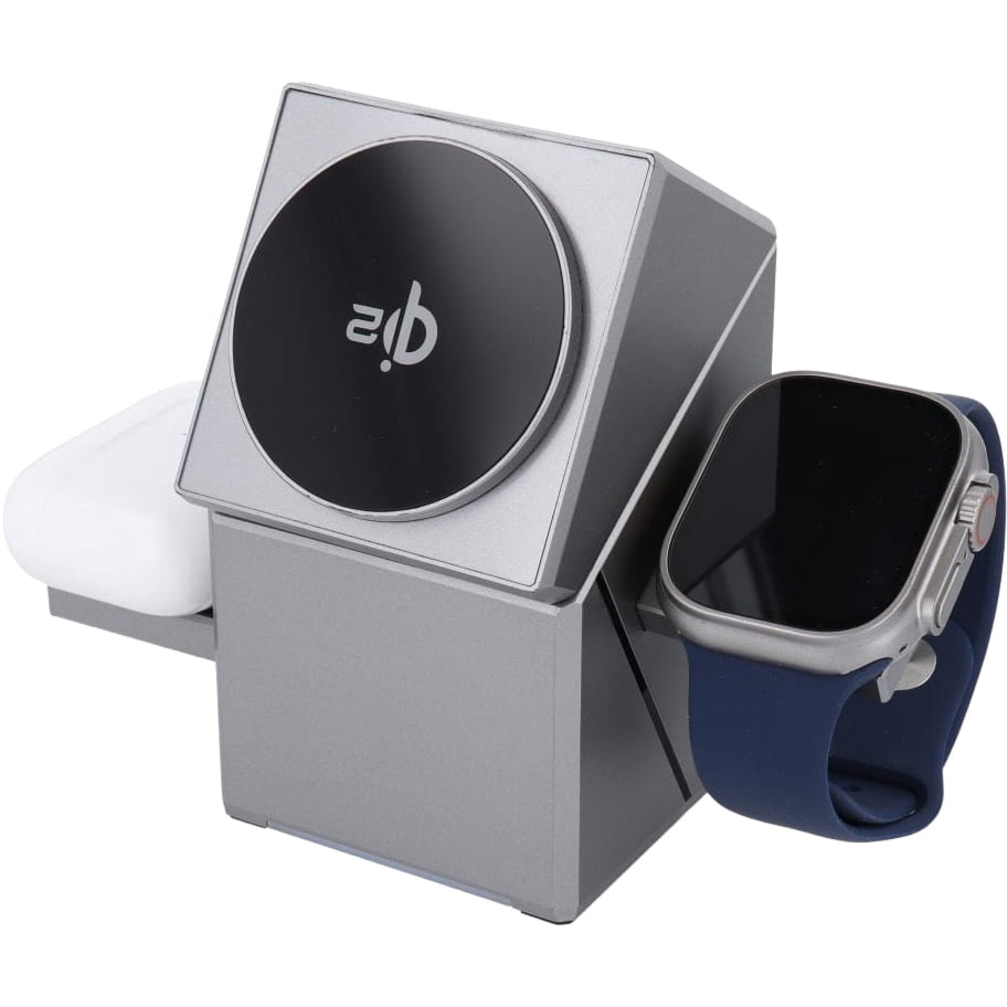 Ładowarka indukcyjna 3w1 Qi2 20.5W do MagSafe, Forcell Rotation Cube, kabel USB-C 200 cm, srebrna