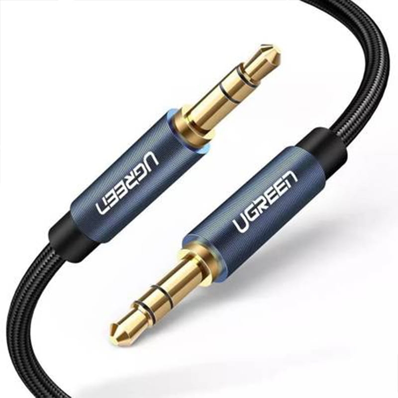 Image of Kabel Ugreen AV112 AUX 3,5 mm mini jack (2x męski) 2m, czarny z niebieskimi wtyczkami