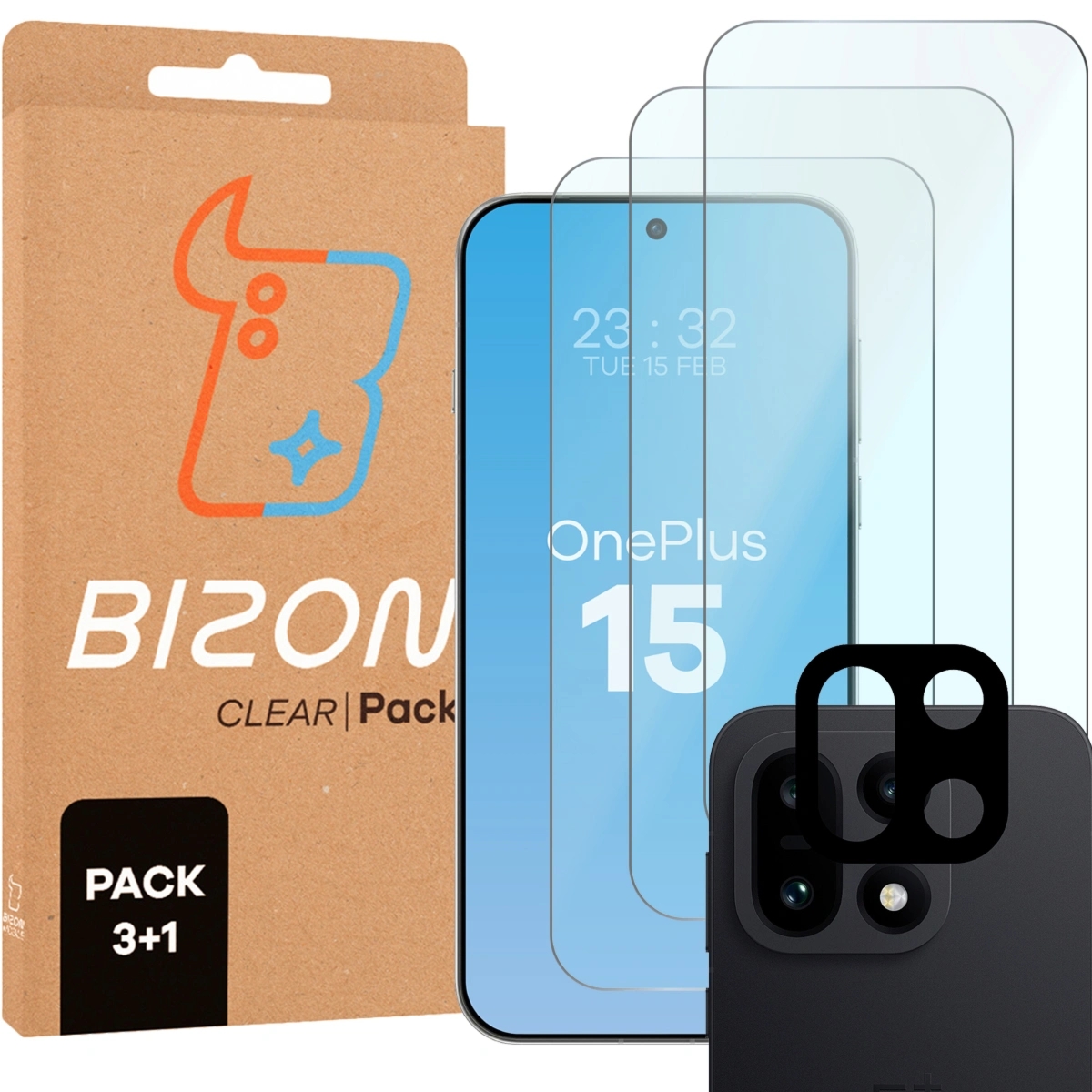 3x Szkło hartowane + szybka na aparat Bizon Glass Clear Pack do OnePlus 15