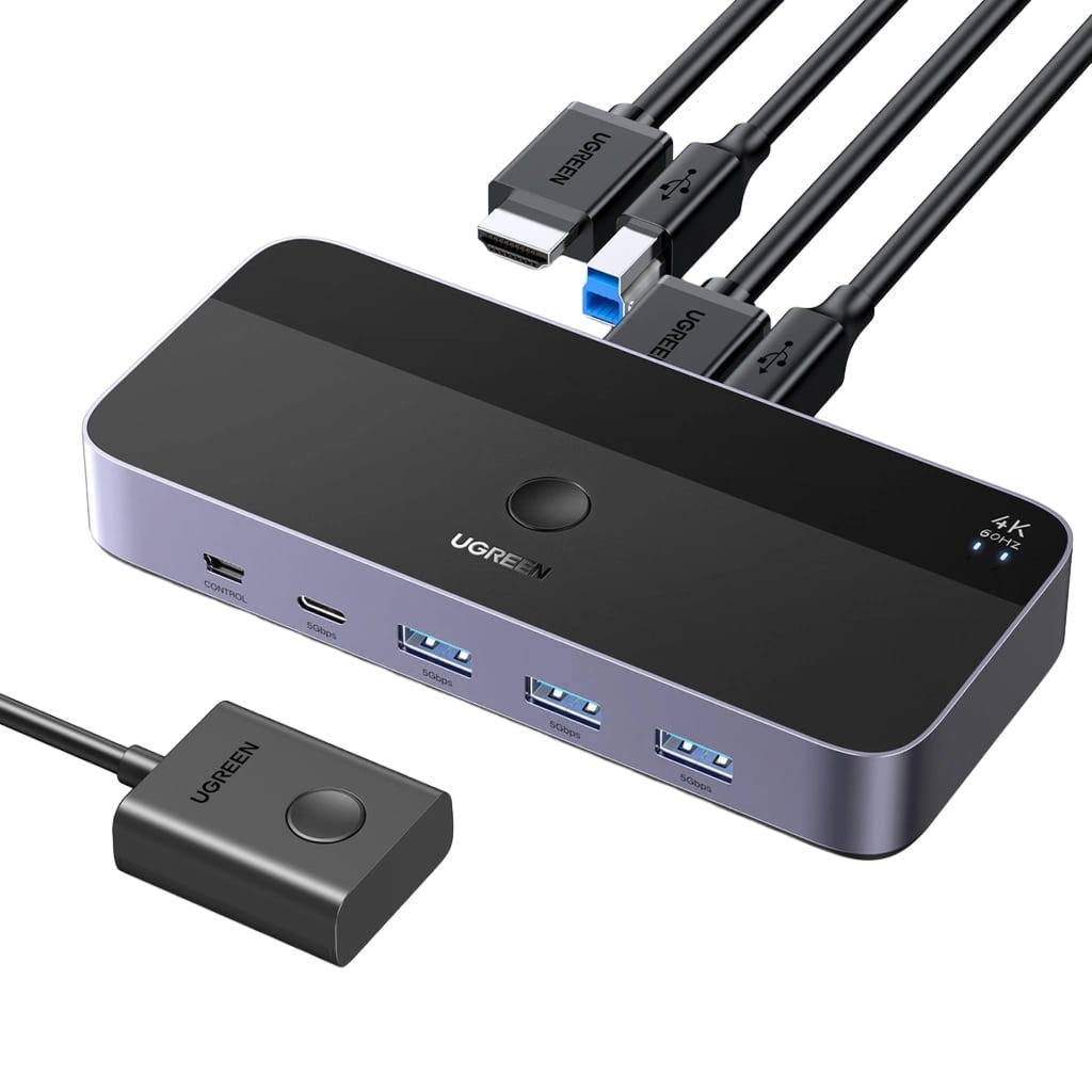 Hub z przełącznikiem pomiędzy urządzeniami, 3x USB-A 5Gb/s, 3x HDMI 4K 60Hz, 2x USB-C, Ugreen KVM CM664 + kabel 2x HDMI, 2x USB-A – USB-B, czarno-srebrny