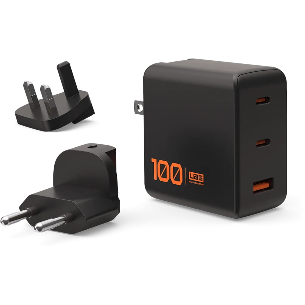 OUTLET: Ładowarka z adapterami UK / USA / EU, GaN 2x USB-C PD, USB-A QC, 100W, UAG SRGE, czarna