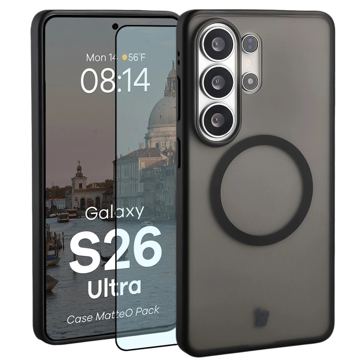 Etui z pierścieniem magnetycznym + szkło hartowane Bizon MatteO Pack do Galaxy S26 Ultra, przydymione-czarne