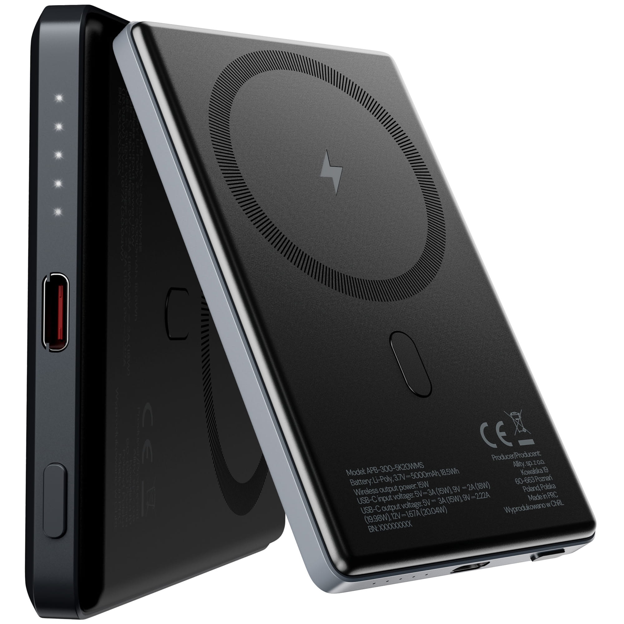 Image of Powerbank bezprzewodowy Allity APB-300 20W 5000 mAh 1x USB-C PD QC + MagSafe / Qi, szary