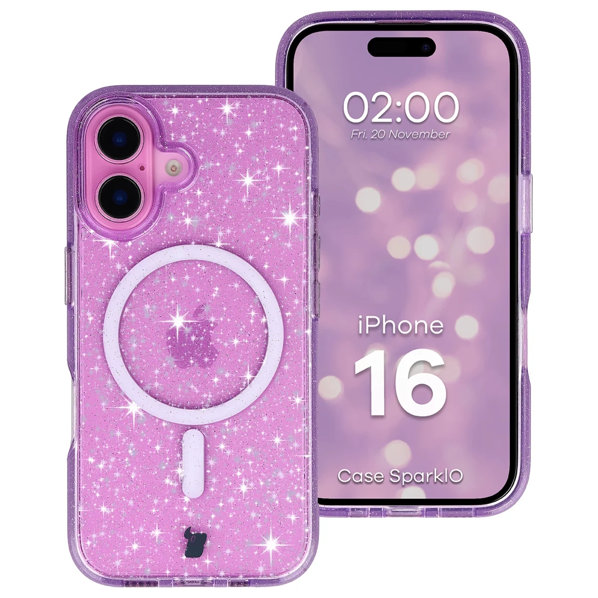 Etui brokatowe z pierścieniem magnetycznym Bizon Case SparklO do iPhone 16, przezroczysto-fioletowe z brokatem