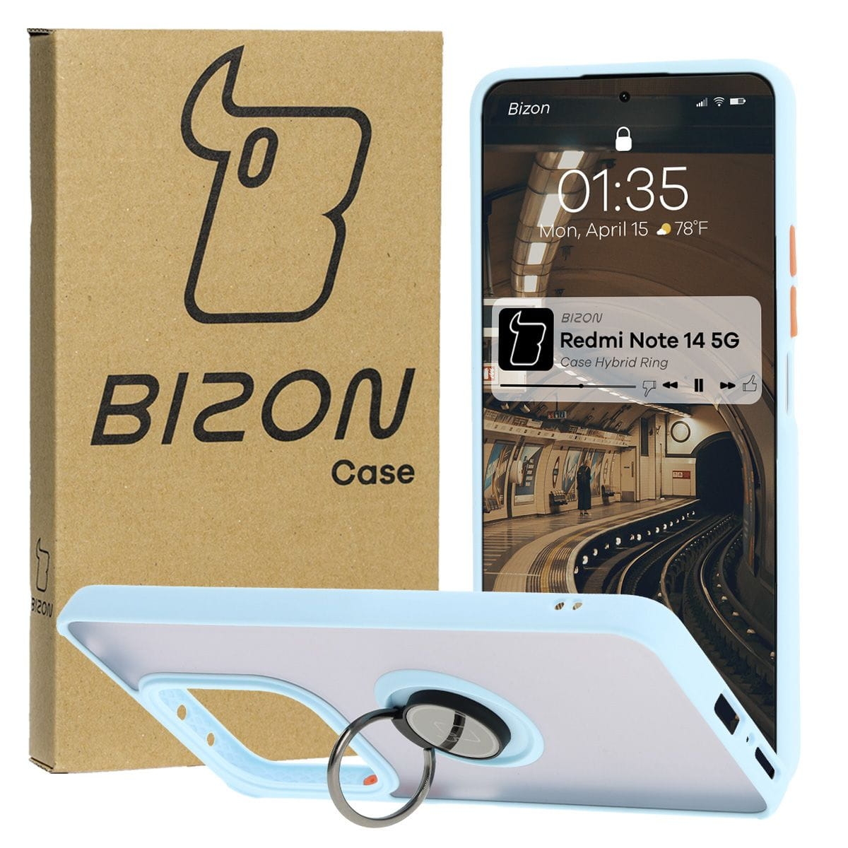 Image of Etui z uchwytem na palec Bizon Case Hybrid Ring do Xiaomi Redmi Note 14 5G, przydymione z jasnoniebieską ramką