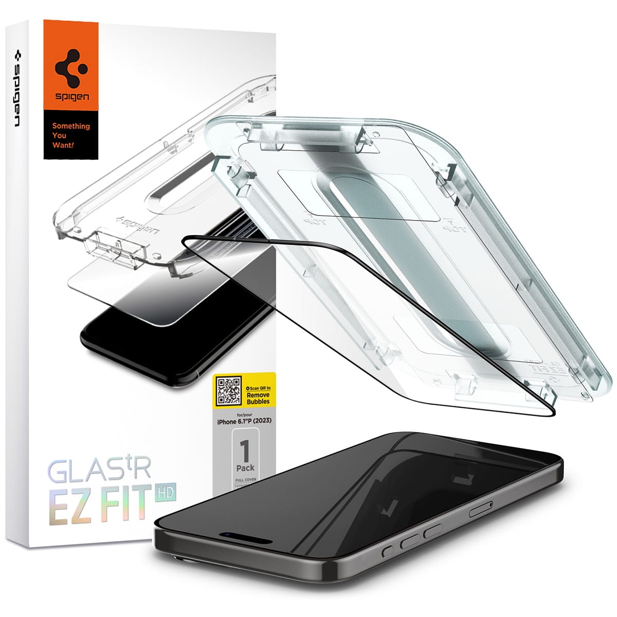 Image of Szkło do etui + Aplikator Spigen Glas.tR EZ Fit FC 1-Pack do iPhone 15 Pro, z czarną ramką