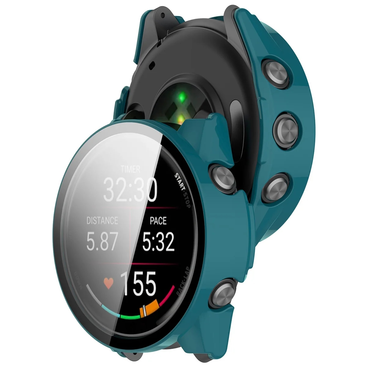 Etui ze szkłem do zegarka Bizon Case Watch Adamo do Garmin Forerunner 70 / 170 / 170 Music, zielone