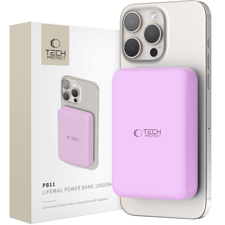 Image of Powerbank z ładowaniem indukcyjnym 10000mAh 15W + kabel USB-C 0.5m, Tech-Protect PB11 Lifemag, fioletowy
