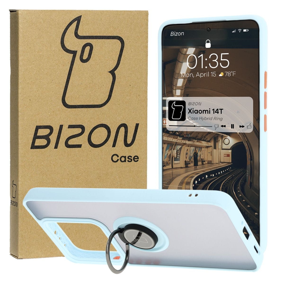 Image of Etui z uchwytem na palec Bizon Case Hybrid Ring do Xiaomi 14T, przydymione z jasnoniebieską ramką