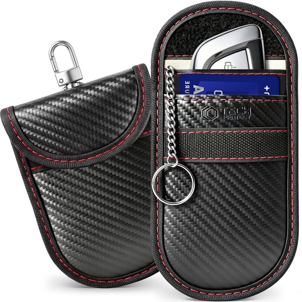 Etui Klatka Faradaya Tech-Protect KLR100 Pouch Keyless RFID Signal Blocker Case, karbonowe czarno-czerwone