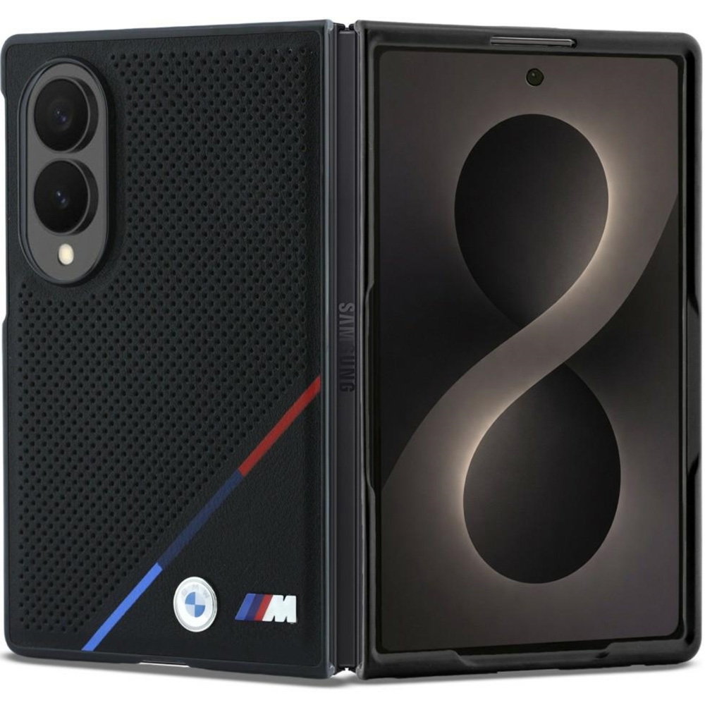 Etui BMW M Leather Perforated Tricolor Stripe Metal Logos MagSafe do Galaxy Z Fold8, czarne