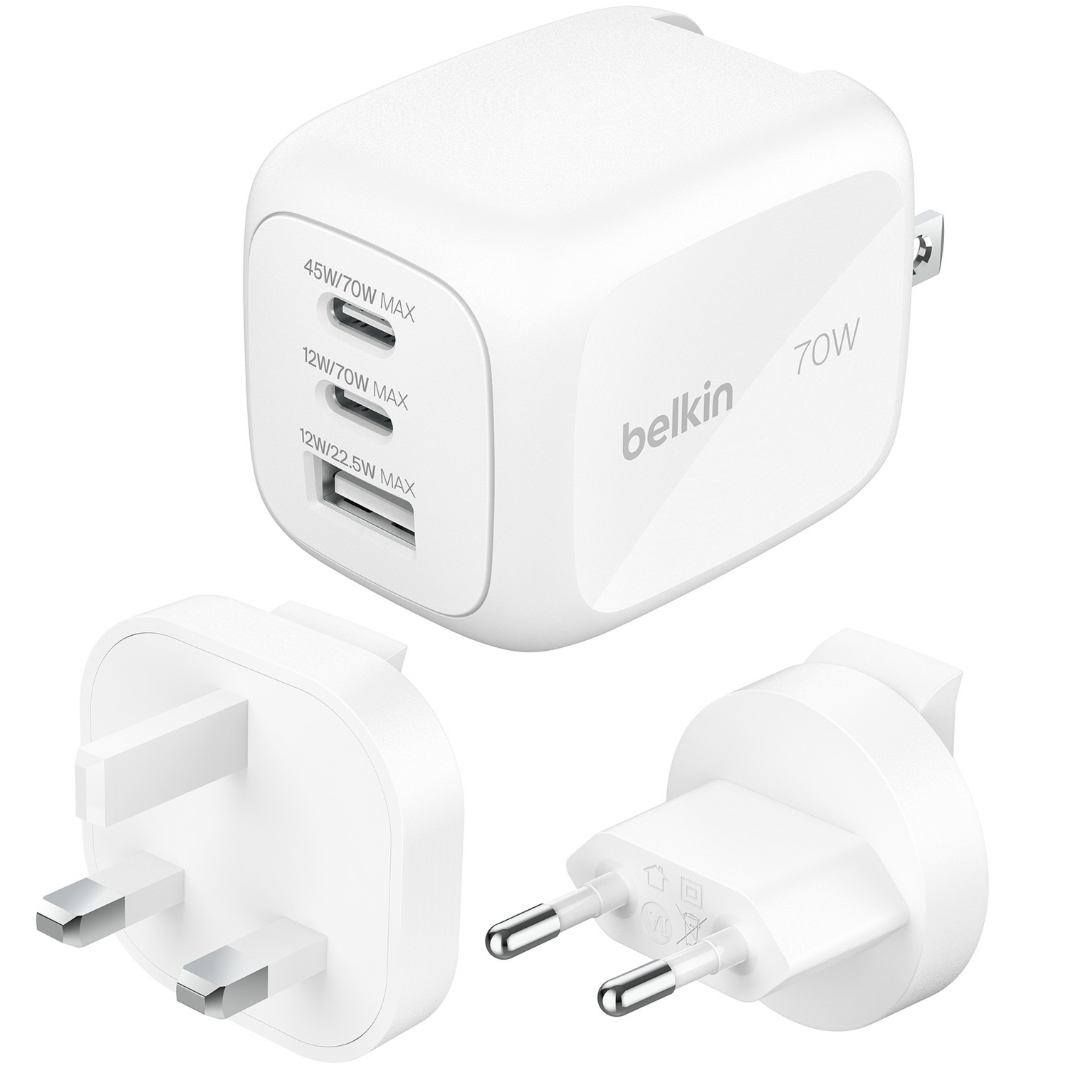 OUTLET: Ładowarka sieciowa 2x USB-C, USB-A, 70W, Belkin Boost Pro 3-Port GaN Charger US / UK / EU, biała