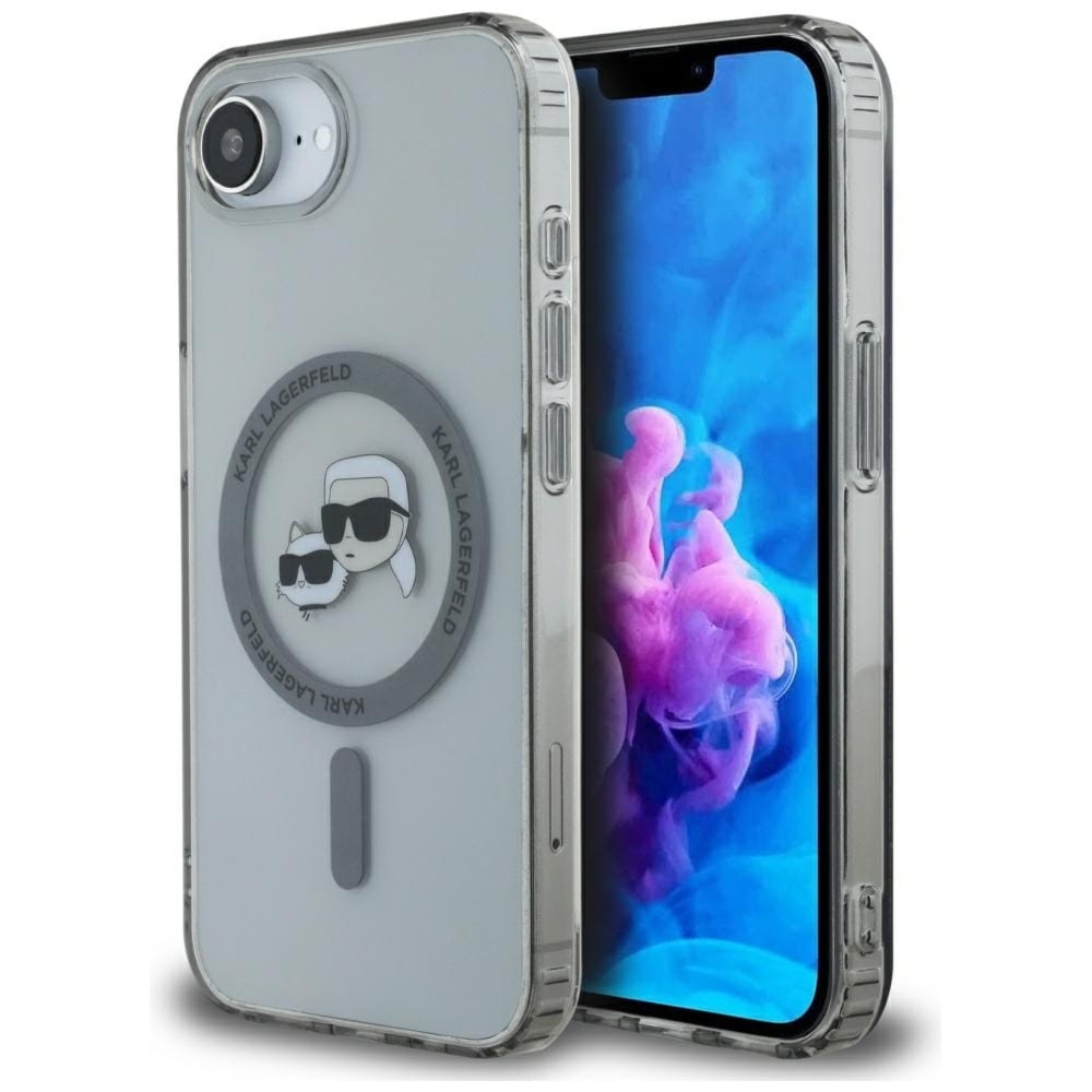 Etui Karl Lagerfeld HardCase IML Karl & Choupette Heads MagSafe do iPhone 17e / 16e, przydymione z czarną ramką
