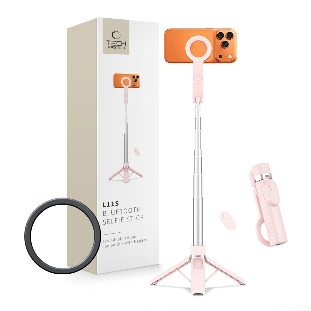 Uchwyt, kijek, statyw Tech-Protect L11S Selfie Stick Tripod do MagSafe, Bluetooth, różowy