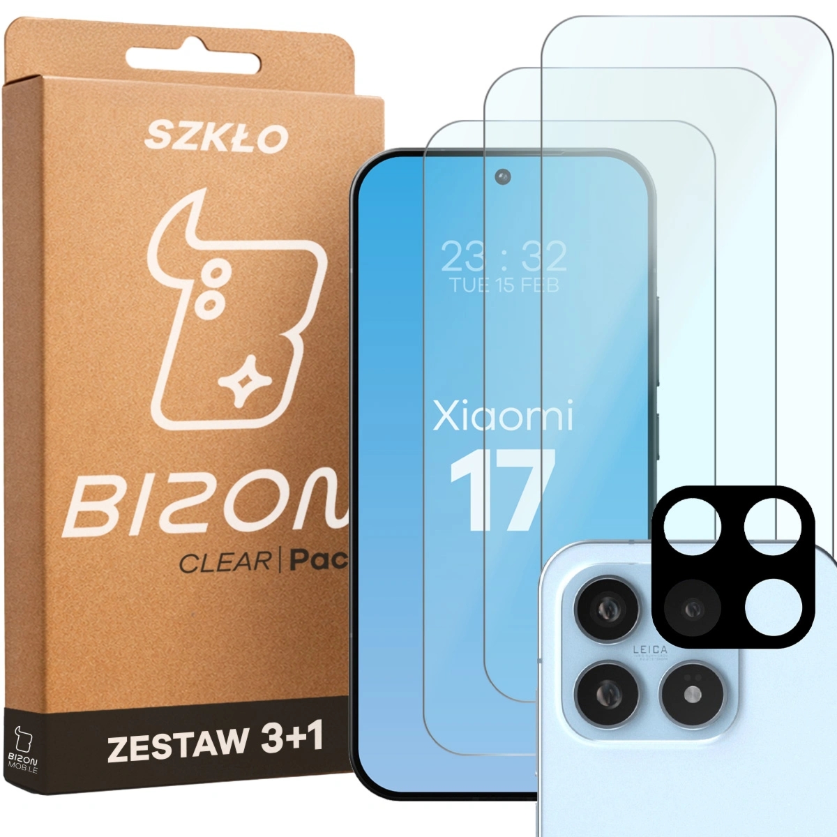 3x Szkło hartowane + szybka na aparat Bizon Glass Clear Pack do Xiaomi 17