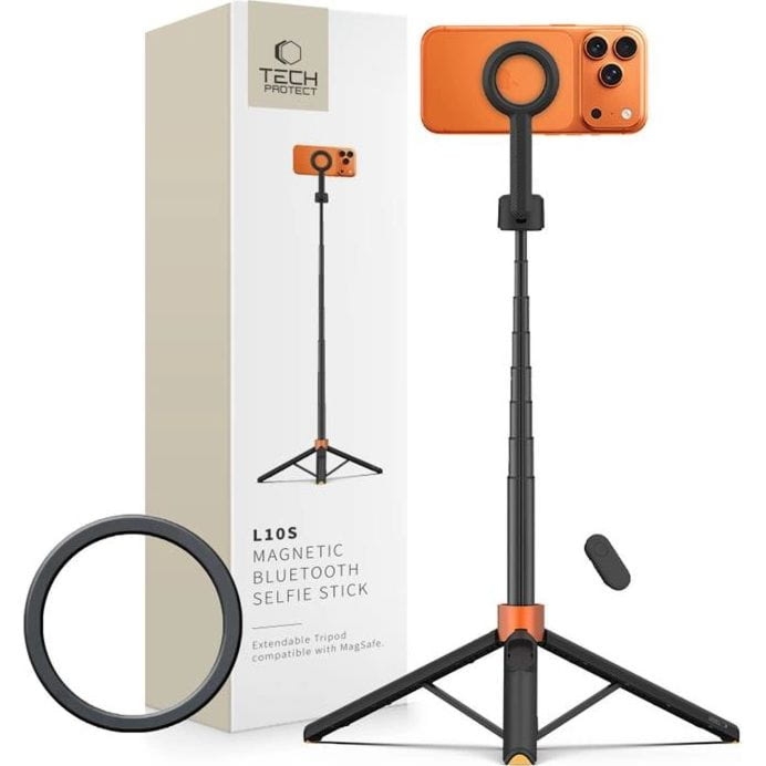 Uchwyt, kijek, statyw Tech-Protect L10S Selfie Stick Tripod do MagSafe, Bluetooth, czarno-pomarańczowy