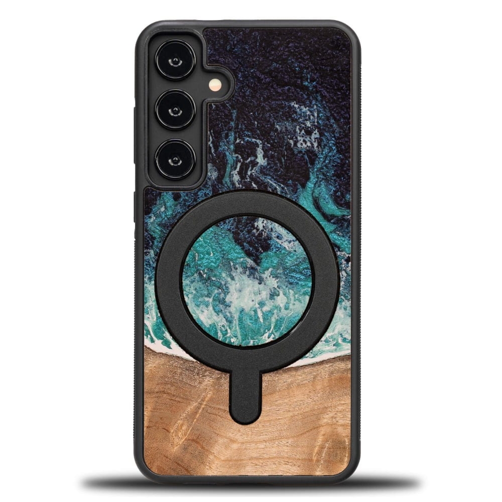 Drewniane etui do Galaxy S25 Plus, Bewood Unique Dream Island do MagSafe, niebiesko-brązowe