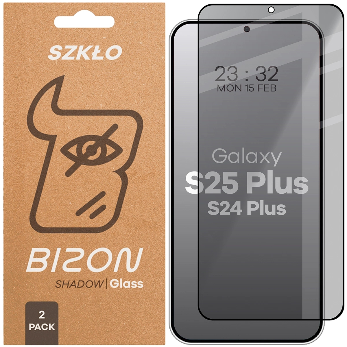 Prywatyzujące szkło hartowane Bizon Glass Edge Shadow Duo do Galaxy S25 Plus / S24 Plus, przyciemniane z czarną ramką, 2 sztuki